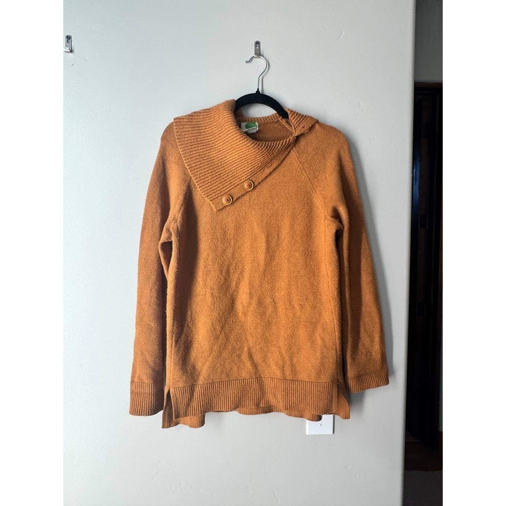 Anthropologie Mustard Boho Pullover Sweater S Asymmetric Cowl Wooden Buttons